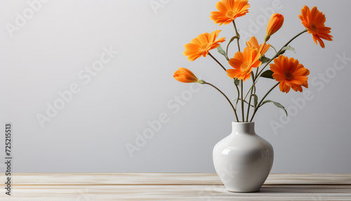 A fresh bouquet of flowers decorates the wooden table generated by AI