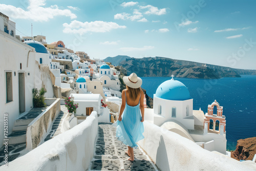women tourist exploring santorini island in blue dress photo