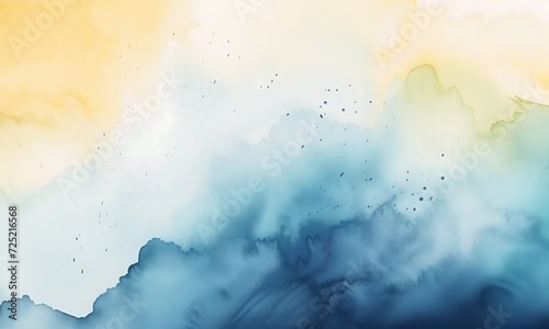 Blue and yellow watercolor abstract painting. Blending and splattering create a semi-transparent, smoky effect. abstract watercolor for poster, wall art, banner, card, book cover or packaging. photo