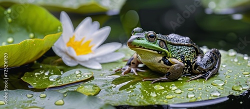 Green Frog sits on a water lily leaf in a garden pond, surrounded by raindrop-covered leaves.