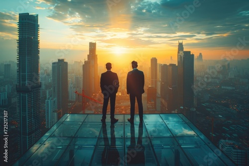 Businessmen on roof - investments, patron, business: economic growth strategic capital investment and innovative building initiatives, success in the dynamic landscape of entrepreneurial development. © Ruslan Batiuk