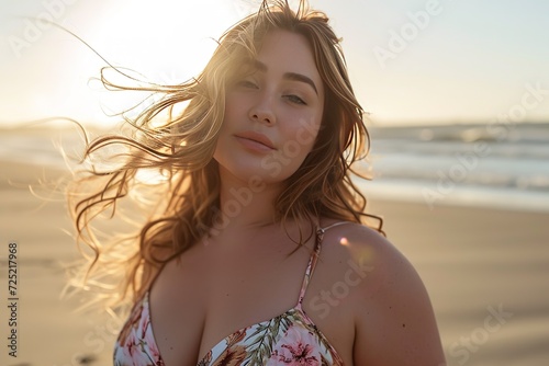 beautiful plus size woman at beach in sunshine wearing low cut floral bikini dress in wind