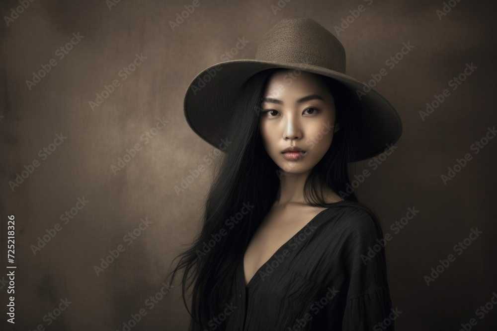 A stylish asian woman with and retro elegance wears a brown hat in this glamorous studio portrait A stylish asian woman with and retro elegance wears a brown hat in this glamorous studio portrait