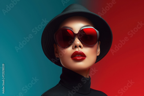 Sunglasses-wearing woman in summer glamour with her retro style, showcasing closeup details of her beautiful makeup, lips, in a studio red and blue background