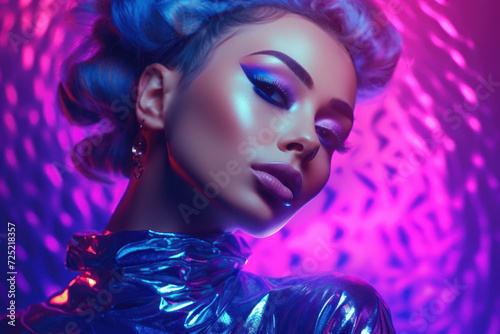 Portrait of Beautiful Woman makeup with Long Dark Hair Posing in Glamorous Fashion Studio Shot neon light