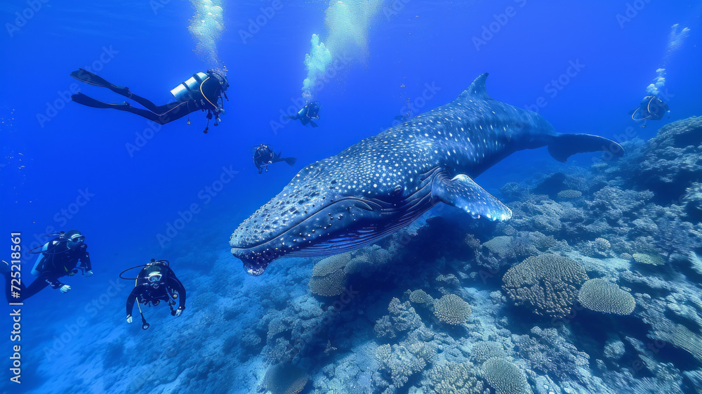 Fototapeta premium a group of scuba diving student in tropical ocean coral reef sea under water with big whale, generative ai