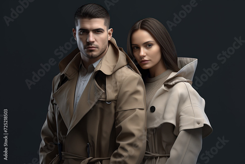Couple in stylish winter jackets, showcasing casual beauty and fashion in a studio setting during autumn