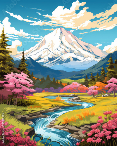 Majestic mountain range  Japanese Ukiyo-e  in vibrant spring colors..Perfect for backgrounds  cards  wallpapers  Wall Arts  Prints