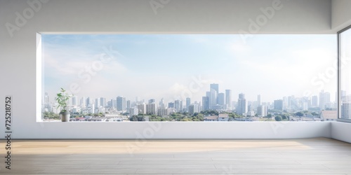 Modern apartment with empty room  white walls  large window overlooking city and cloudy sky.