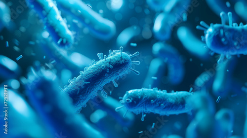 3D illustration of bacteria cells in blue tones, representing a concept in health, science, or infectious diseases background  a place for text