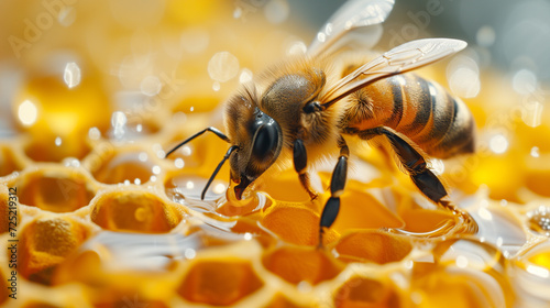 A close-up image of a honeybee gathering nectar on a honeycomb, showing intricate details and a golden honey backdrop © fotoworld