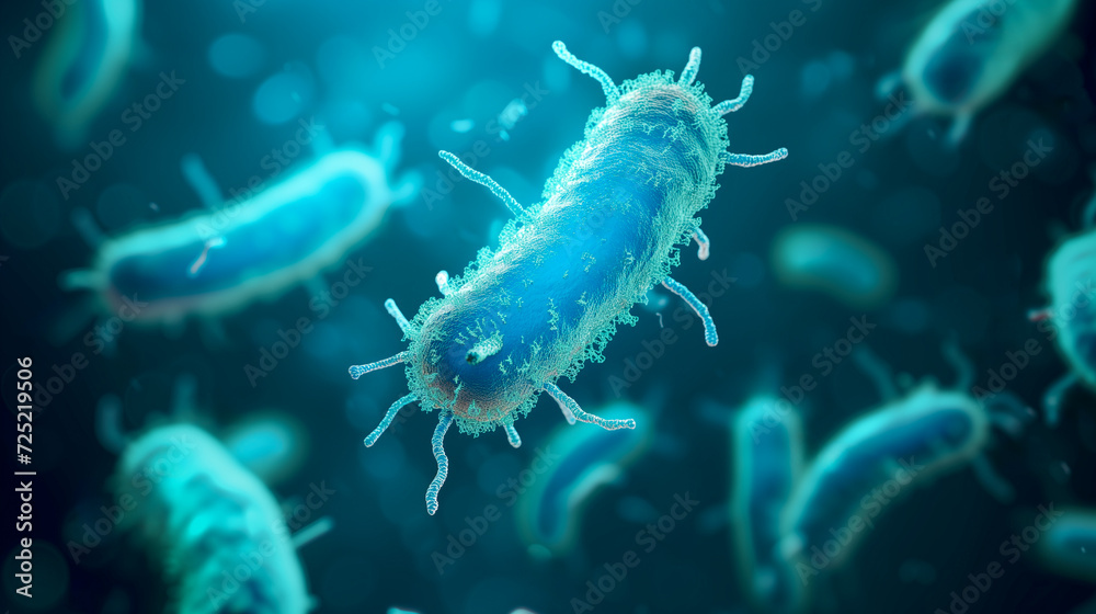3D illustration of bacteria Escherichia coli under a microscope on a dark blue background with a place for text, representing scientific research concepts in microbiology 3D illustration of bacteria Escherichia coli under a microscope on a dark blue background with a place for text, representing scientific research concepts in microbiology