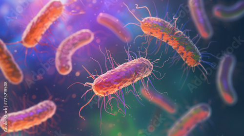 Digital illustration depicting a Escherichia coli bacteria floating against a blurred background with a place for text, related to science and medical concepts