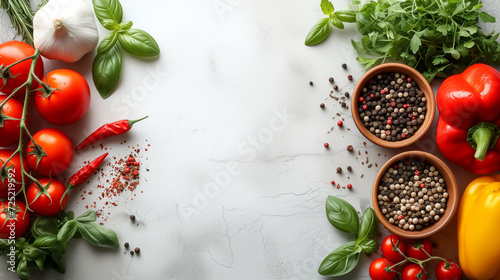 A fresh vegetables and herbs composition featuring tomatoes, basil, bell peppers, and pepper spices on a white textured background with a place for text
