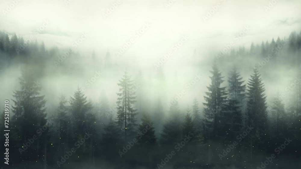 Moody forest landscape with fog and mist. fog in the forest. seamless looping overlay 4k virtual video animation background 
