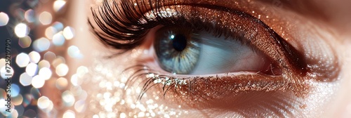 Canvas Print closeup photo of woman's eye with eyeliner and eye shadow, glittering and bokeh