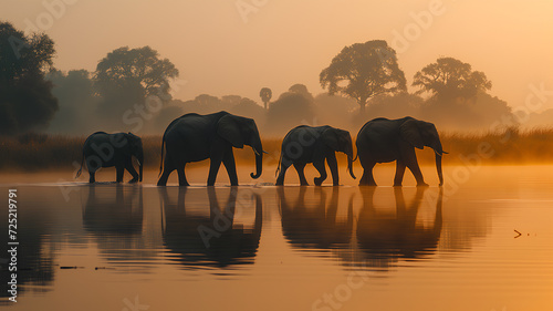 A serene scene of elephants walking along a river's edge in a misty, tranquil forest landscape at dawn. 