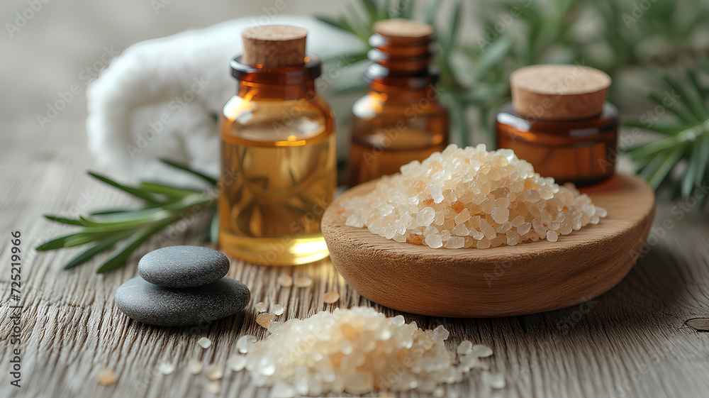 Wellness setup featuring hot massage stones stacked with fresh mint on top, sea salt, and essential oil bottles.
