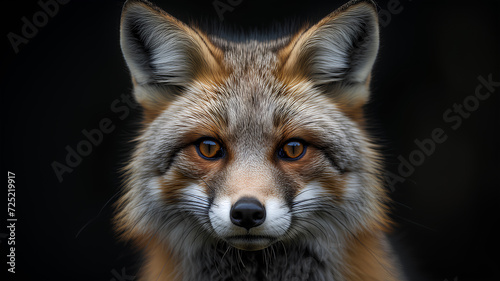 Close-up portrait of a red fox against a dark background, showcasing its detailed fur and sharp, orange eyes.
