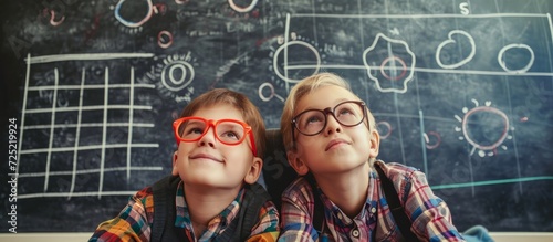 Two siblings with genetic disorders enjoying themselves, close to the blackboard.