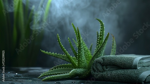 Aloe vera leaves in visual composition with a towel and spa smoke vapors. Close-up of a refreshing, natural view of aloe vera on a dark spa table.
