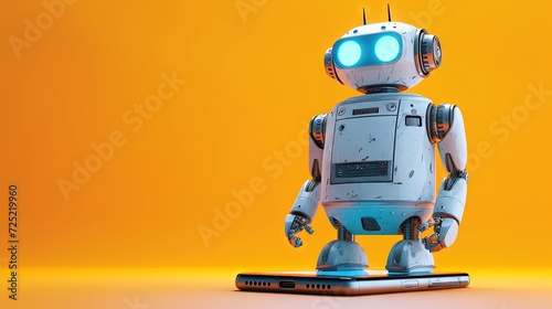 Robot with smarrtphone on solid background with copy space for AI assistant, virtual assistant, mobile assistant uses