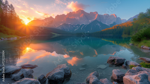 Sunrise illuminating a tranquil mountain lake with clear reflections, surrounded by a vibrant landscape. 