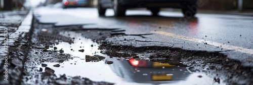 car driving past pothole in broken and dilapidated street photo