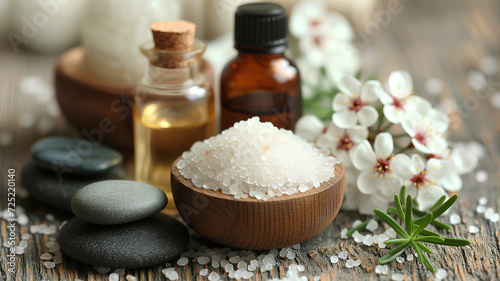 Wellness setup featuring hot massage stones stacked with fresh mint on top  sea salt  and essential oil bottles. 