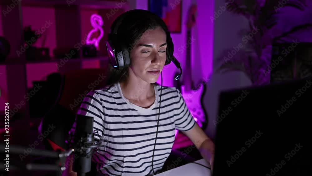 Radiantly confident, young hispanic woman delightfully enjoying a video game in a cozy gaming room at night, her beautiful smile revealing healthy, gleaming teeth. she's wearing a sleek headset. Radiantly confident, young hispanic woman delightfully enjoying a video game in a cozy gaming room at night, her beautiful smile revealing healthy, gleaming teeth. she's wearing a sleek headset.