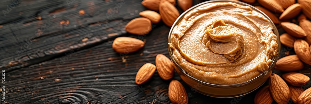 almond nuts and almond butter on solid background with copy space almond nuts and almond butter on solid background with copy space