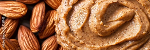 almond nuts and almond butter on solid background with copy space photo