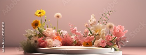 Summer round podium with floral background. 3D display podium with copy space template 3d render. Background for cosmetic products of natural.