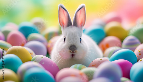 Adorable White Easter Bunny Surrounded by Colorful Eggs