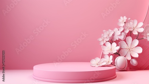 Pink podium for promotion banner with pink flat background. 3D display podium with copy space template 3d render. Background for cosmetic products of natural. 