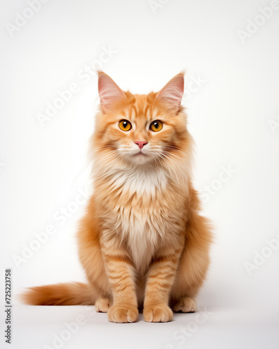 Orange fluffy cat sitting look at camera on white background