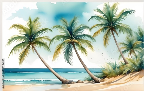 Tropical beach with palm trees, watercolor background