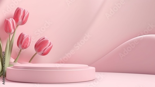 Podium tulips and pink . 3D display podium with copy space template 3d render. Background for cosmetic products of natural. © Sachchakorn
