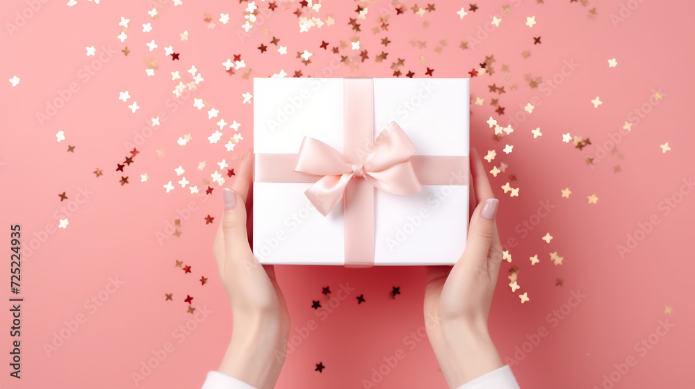 Hands Holding a White Gift Box with Pink Ribbon and Sparkling Confetti on Coral Background. Celebration and Giving Concept Hands Holding a White Gift Box with Pink Ribbon and Sparkling Confetti on Coral Background. Celebration and Giving Concept