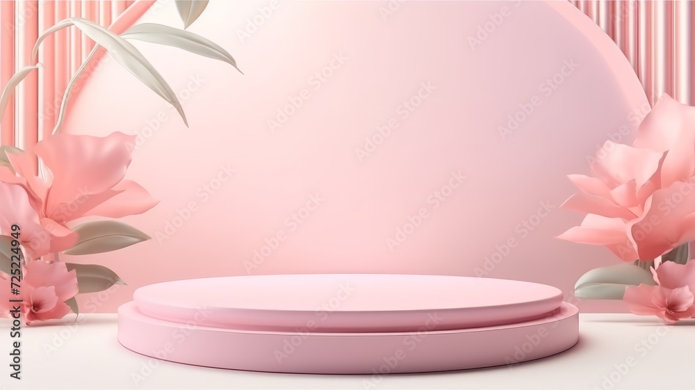 Podium pink scene with leaf platform. 3D display podium with copy space template 3d render. Background for cosmetic products of natural.