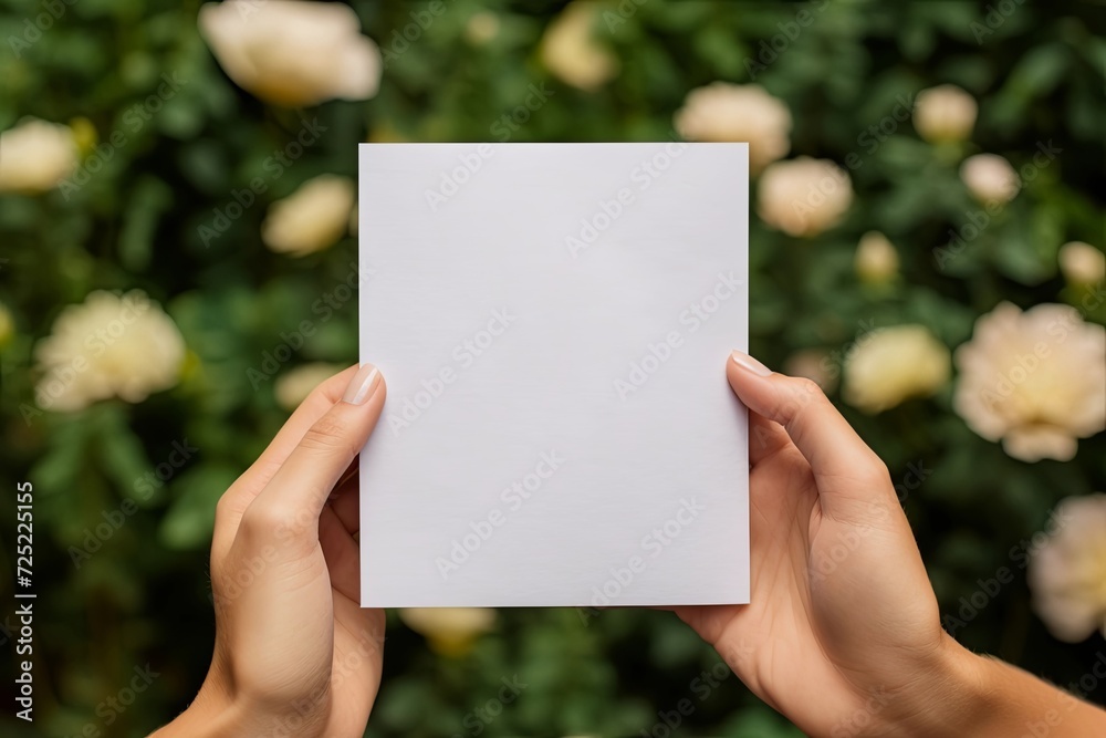 person holding blank white paper greeting card on flower garden background. Mockup presentation. advertisement. copy text space. person holding blank white paper greeting card on flower garden background. Mockup presentation. advertisement. copy text space.