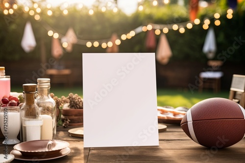 Blank white frame paper greeting card with football sport on outdoor bright bokeh background. Mockup presentation. advertisement. copy text space.