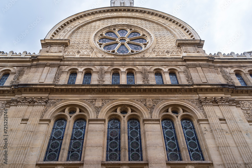 facade of orthodox jewish synagogue built in roman byzantine architectural style in paris france