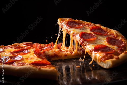 Savor the delectable flavors of a pepperoni pizza topped with melted mozzarella cheese. An enticing dish that stands as a signature of American cuisine on our tasty menu. AI Generated Image