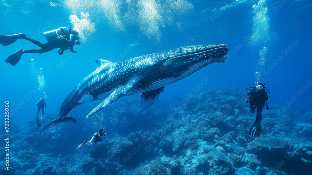 Obraz premium a group of scuba diving student in tropical ocean coral reef sea under water with big whale, generative ai