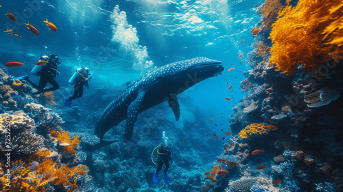 a group of scuba diving student in tropical ocean coral reef sea under water with big whale, generative ai © Chanya2498
