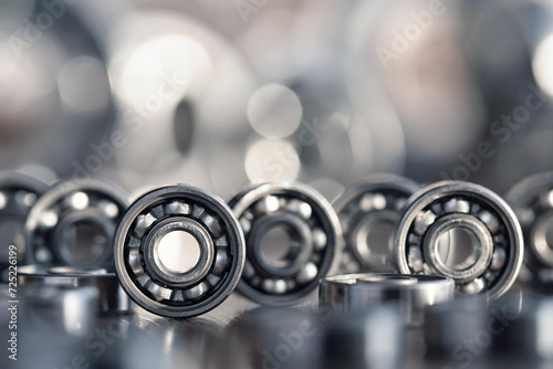 Radial ball bearings close-up in silver color for mechanical engineering, machine tools and equipment. Round steel bearings with balls at the base with a blurred glare background.