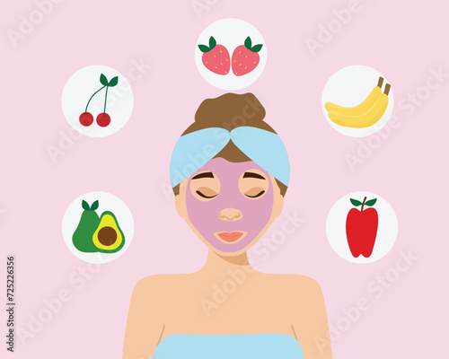 Beautiful woman applying face mask on her face. Using natural  home made beauty products. flat vector illustration.
