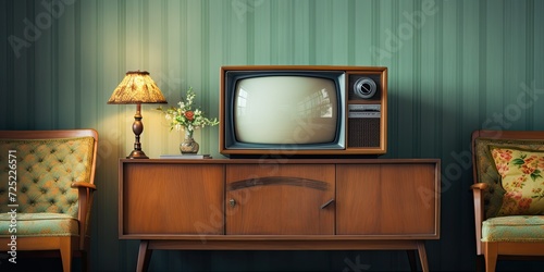 Old television on wooden cabinet beside cozy sofa in fashionable day room