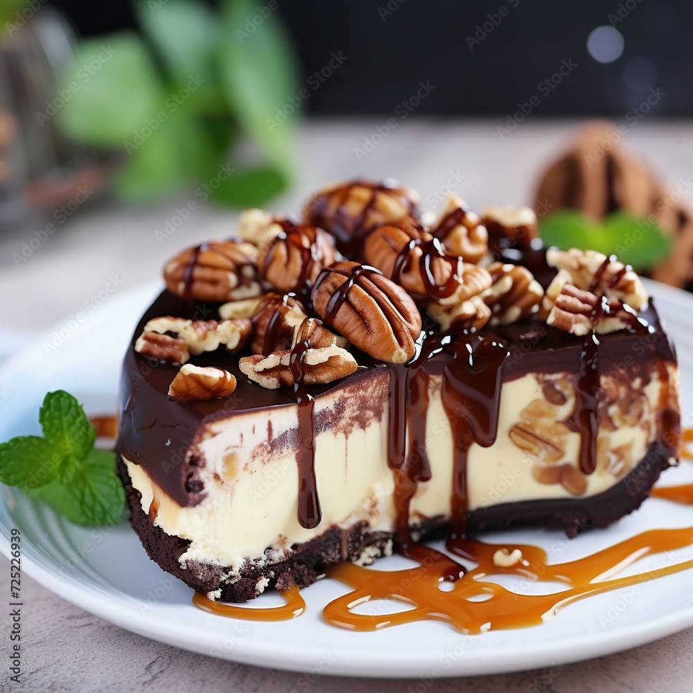 Piece of chocolate cake with nuts and caramel sauce on a plate Piece of chocolate cake with nuts and caramel sauce on a plate
